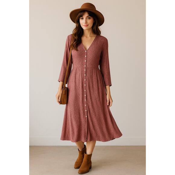 Vintage 90s Button Front Midi Dress Mauve Ditsy Floral Boho Feminine Size 11/12 - Picture 1 of 9